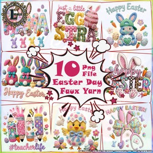 以下が含まれることがあります： イースターをテーマにした、フェイクヤーンのデザインが施されたPNGファイルのコレクション。画像にはウサギ、卵、「Happy Easter」と「just a little eggstra」の文字が含まれています。コレクションには「#teacherlife」の文字も含まれています。