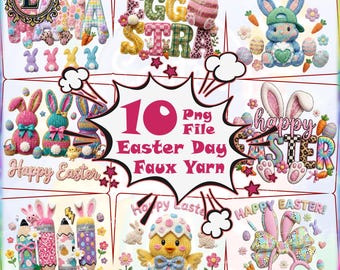10 Designs Easter Faux Yarn PNG Bundle, Happy Easter Day Clipart, He Is Risen Png, Easter Bunny, Faux Embroidery Design, Digital Download