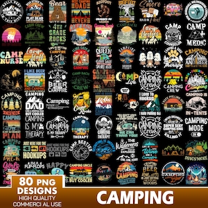 80 Camping Tshirt Designs, Camper Life Png bundle, Outdoor Graphics, Camping Quotes, Wild soul, Nature Lover, Commercial use