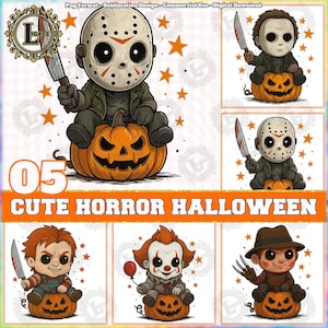 Cute Horror Halloween PNG Bundle, Horror Characters Png, Funny Halloween Horror Clipart, Killer Shirt Design, Pumpkin Png, Digital File