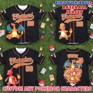 May include: Four black baseball jerseys with orange piping and button-front closures. Each features a different orange-toned Pokemon character graphic, the character name in script, and the number 00. Text reads KID/YOUTH/ADULT BASEBALL JERSEY.