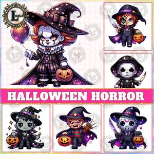 6 Designs Horror Halloween PNG Bundle, Horror Chibi Characters, Halloween Horror Galaxy Clipart, Killer Design, Pumpkin Png, Digital File