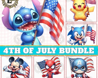 Paquete de 6 archivos PNG del 4 de julio, Estados Unidos, personajes de películas, diseño de camiseta patriótica, bandera de EE. UU., uso comercial, archivo digital