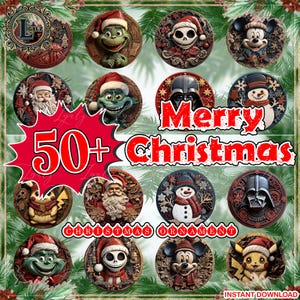 May include: A selection of Christmas ornaments with festive characters such as Santa, the Grinch, and Darth Vader. The round ornaments have intricate designs and the text "Merry Christmas" and "Christmas Ornament". The image also includes the text "50+" and "Instant Download".