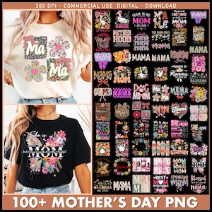 Könnte beinhalten: Eine Sammlung von über 100 Muttertags-PNG-Bildern mit verschiedenen Designs mit Blumenmustern, Schmetterlingen und Text. Die Designs beinhalten Sätze wie "Mama", "She is Mom", "Best Mom in the World" und "Grandma".