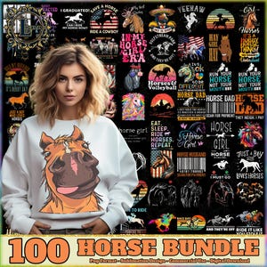100 filer häst PNG-paket, hästskjortdesigner, roliga hästcitat PNG, hästgård PNG, kokett häst, kommersiellt bruk, digital nedladdning