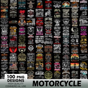 Puede incluir: Un collage de 100 dise&ntilde;os con tem&aacute;tica de motocicletas que presentan varios lemas e ilustraciones. Los dise&ntilde;os son en negro, blanco y rojo con una variedad de fuentes y estilos. Los dise&ntilde;os incluyen frases como "Soy un padre motorista", "No ronco" y "Sue&ntilde;o con ser una motocicleta".