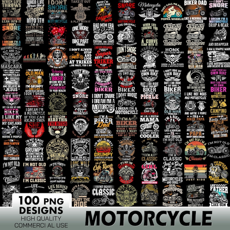 Puede incluir: Un collage de 100 dise&ntilde;os con tem&aacute;tica de motocicletas que presentan varios lemas e ilustraciones. Los dise&ntilde;os son en negro, blanco y rojo con una variedad de fuentes y estilos. Los dise&ntilde;os incluyen frases como "Soy un padre motorista", "No ronco" y "Sue&ntilde;o con ser una motocicleta".