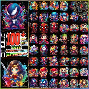 Puede incluir: Una vibrante impresión de arte digital con una colección de lindos diseños de acuarela de superhéroes. La imagen incluye una variedad de personajes, con el texto "100+ PNG FILE CUTE SUPERHERO WATERCOLOR". La obra de arte es adecuada para sublimación y uso comercial.