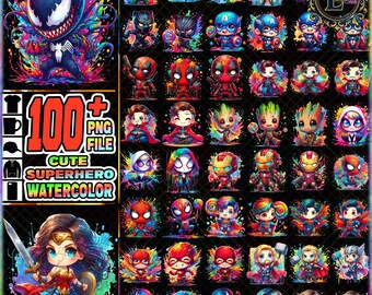 108 Watercolor Superhero Character PNG Bundle, Color Splash Movie Characters, Vibrant Sublimation Designs, Kids Art PNG, Digital Download