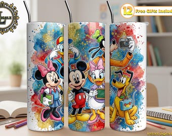 Cute Mouse And Friends Back to School 20oz Tumbler Wrap PNG, Watercolor Glitter 20oz Skinny Tumbler Design, Teacher & Student, Digital File