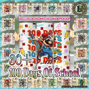 May include: A selection of 20 oz tumblers celebrating "100 Days of School". The central design showcases a cartoon character with a pencil, alongside school-themed illustrations. The tumblers measure 23.6 cm x 20.8 cm.
