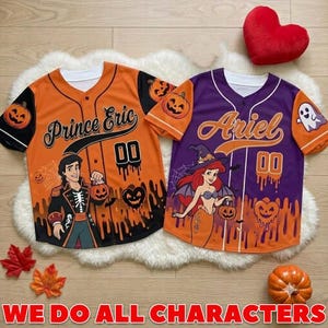 May include: Two button-down baseball jerseys with Halloween themes. The orange jersey features Prince Eric with a pumpkin, while the purple jersey displays Ariel in a witch hat. Both shirts include the names, the number 00, and pumpkin graphics.