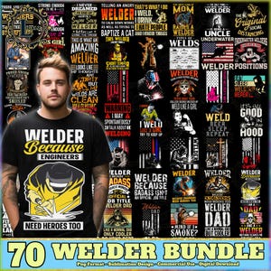 Pacote com 70 arquivos de soldador em PNG, capacete de soldagem e tocha em PNG, designs de camisa de soldador, citações engraçadas de soldagem em PNG, uso comercial, arquivo digital