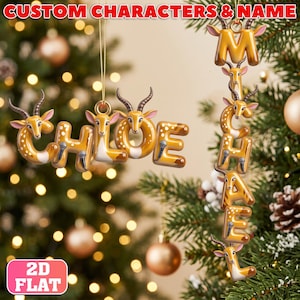 May include: Two custom Christmas ornaments featuring gazelle-themed letters. One horizontal ornament spells CHLOE with gazelle heads and microphones. The other vertical ornament spells MICHAEL with gazelle heads and microphones. Both are 2D flat designs.