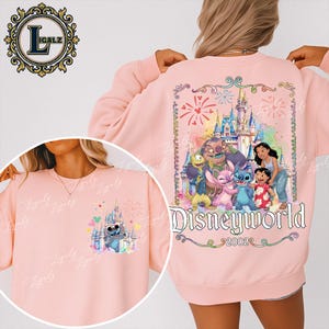 Söt rosa blå alien PNG, fram- och baksida skjortdesign med fantasislott och magisk matta, akvarell feststil, digital nedladdning