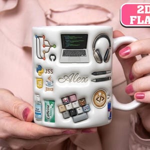 May include: A white ceramic mug featuring a 3D-style graphic print of a laptop, headphones, pens, a keyboard, a coffee cup with code symbols, a hand sanitizer bottle, caffeine mints, and various tech logos. The name Alex is printed in script.