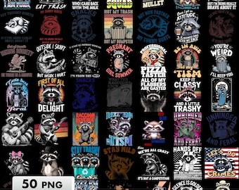 50 Designs Lustiges Waschbären Png Bündel, sarkastisches Waschbär Design Png, Tier sarkastisches Sprichwort Png, Trendy Waschbär Png