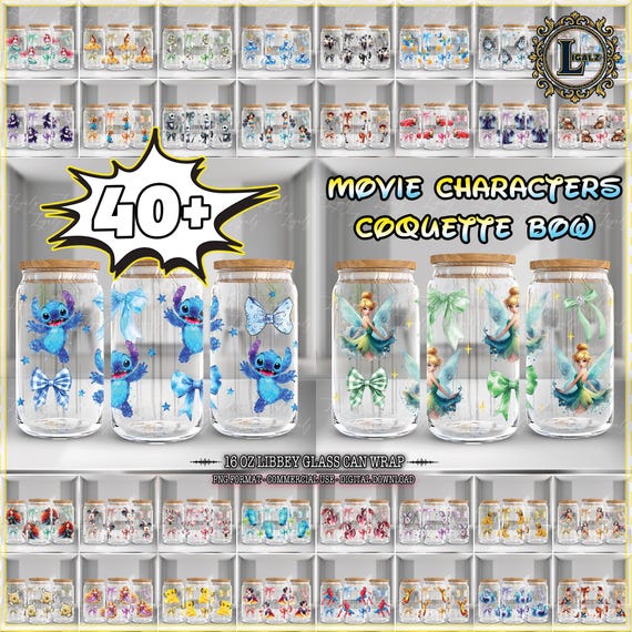 45 Designs Cartoon Character For 16oz Libbey Glass Can Wrap Png, Coquette Bow Png, Cute 16oz Tumbler Template, Instant Digital Download
