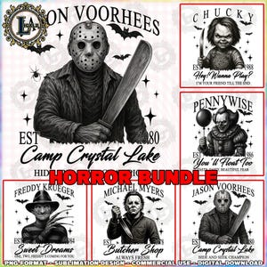 5 Designs Horror Movies PNG Bundle, Horror Characters Png, Horror Movies Quotes Png, Vintage Halloween Clipart, Scary Png, Digital Download