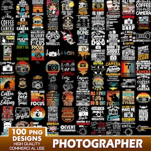 May include: A collection of 100 colourful graphic designs featuring photography-themed quotes and illustrations. The designs are perfect for creating t-shirts, mugs, tote bags, and other merchandise.