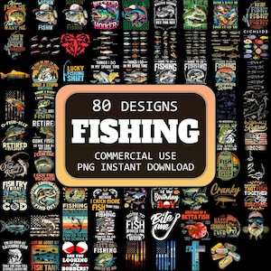 May include: A collage of 80 fishing-themed designs featuring various fish, fishing rods, and text. The designs are in a variety of colors and styles, and they are perfect for use on t-shirts, mugs, and other merchandise. The text includes phrases like "Fish Fry Friday", "Hook Up Big Girls", and "Born to Fish Forced to Work".