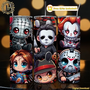 Horror Movies 20 oz Skinny Tumbler Sublimation Design Png, Horror Tumbler Wrap, Horror Halloween, Cute Horror Chibi Design, Digital Download