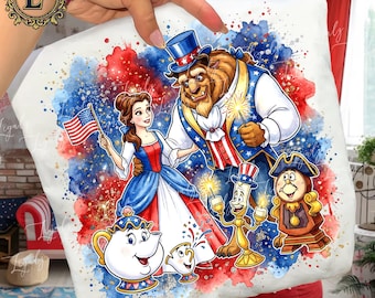 May include: White cushion featuring a patriotic design with Belle and the Beast in American flag-themed attire. The design includes fireworks, the American flag, and other characters from Beauty and the Beast.
