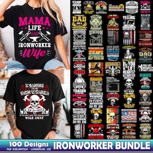 Puede incluir: Una colección de 100 diseños de camisetas para trabajadores del hierro con una variedad de lemas, gráficos e imágenes de calaveras. Los diseños son perfectos para trabajadores del hierro, trabajadores de la construcción y cualquier persona que aprecie el trabajo duro. Los diseños están disponibles para uso comercial.