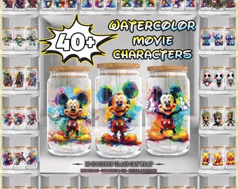 Envoltorio de lata de vidrio Libbey de 41 oz con personajes de películas, PNG, Envoltorios para vasos Disney de 41 oz, Superhéroe, Clipart de acuarela colorida, Descarga digital