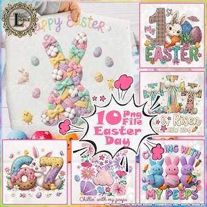 以下が含まれることがあります： イースターをテーマにしたPNGファイルのコレクション。メイン画像は、リボン、卵、ひよこと一緒に編まれたウサギが特徴です。他のデザインには、「1st My Easter」のウサギ、「He is Risen」の十字架、「My Peeps」のウサギが含まれます。「Happy Easter」の文字が見えます。
