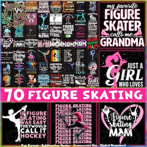 Op de afbeelding: Een verzameling ontwerpen met het thema kunstschaatsen, met teksten als "Figure Skating Grandma", "Just a Girl Who Loves Ice Skating" en "If Figure Skating Was Easy They Would Call It Hockey". De ontwerpen bevatten silhouetten, afbeeldingen en tekst op een zwarte achtergrond.