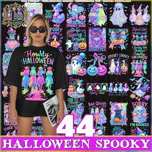 May include: A black t-shirt with the text "Howdy Halloween" and a colorful graphic of people riding horses. The image also features various Halloween-themed designs, including ghosts, pumpkins, and ducks, with the number "44" and the words "Halloween Spooky".