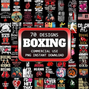 Puede incluir: Un collage de 70 diseños con temática de boxeo que presentan varios lemas, gráficos e ilustraciones. Los diseños incluyen guantes de boxeo, rings de boxeo y otras imágenes relacionadas con el boxeo. El texto "70 Designs Boxing Commercial Use PNG Instant Download" se muestra en el centro de la imagen.