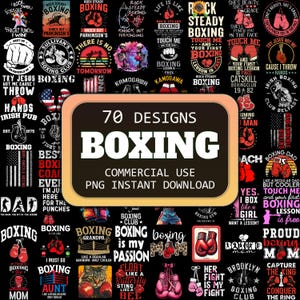 Puede incluir: Un collage de 70 diseños con temática de boxeo, que presenta varios lemas, gráficos e ilustraciones. Los diseños son de varios colores y estilos, e incluyen imágenes de guantes de boxeo, rings de boxeo y boxeadores. El texto "70 Diseños Boxeo" se muestra de forma destacada en el centro del collage. El texto "Uso comercial Descarga instantánea PNG" también se muestra.