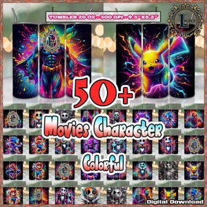 50+ Colorful Movie Characters PNG Bundle, 20 oz Skinny Tumbler Png, Cartoon Tumbler Wraps, Superhero Png, Watercolor Design,  Digital File