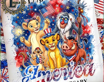 May include: A digital graphic featuring characters from The Lion King celebrating America's 250th Anniversary. The design includes the text "1776-2026" and "America 250th Anniversary" with patriotic colors and imagery.