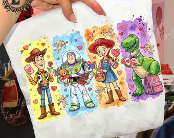 Valentine’s Cartoon Toy Friends PNG, Pink Heart Balloons, Fairytale Style Clipart, Brushstroke Watercolor Design, Digital Download