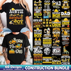 Puede incluir: Un conjunto de 60 diseños con temática de construcción para camisetas. Los diseños presentan varios vehículos de construcción, herramientas y lemas. Algunos de los lemas incluyen "Tía del niño de cumpleaños", "Nacido para cavar", "Equipo de construcción" y "Hermano del niño de cumpleaños".