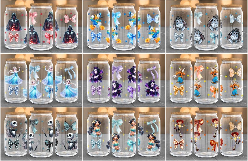 Puede incluir: Vasos de vidrio transparente con tapas de madera, decorados con varios personajes de dibujos animados y lazos. Los dise&ntilde;os incluyen Darth Vader, Elsa, Pato Donald, Eeyore, etc. Cada vaso mide unos 15 cm de alto.