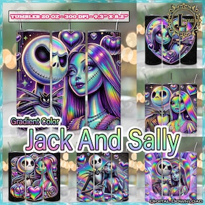 May include: A selection of 20 oz tumblers featuring Jack and Sally from The Nightmare Before Christmas. The designs use a gradient colour scheme with hearts and pumpkins. The tumblers are approximately 23.6 cm x 20.8 cm.