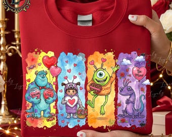 Monstruo y amigos de San Valentín PNG, globos de corazón rosa, clipart de cuento de hadas, diseño de acuarela con pinceladas, descarga digital