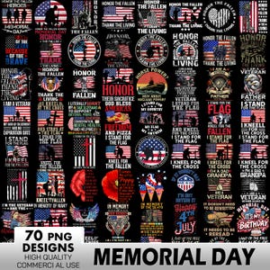 Puede incluir: Una colección de 70 diseños digitales con temas patrióticos, incluyendo banderas americanas, imágenes militares y texto relacionado con el Día de los Caídos. Los diseños están en una variedad de estilos y colores, y son adecuados para usar en camisetas, tazas y otras mercancías.