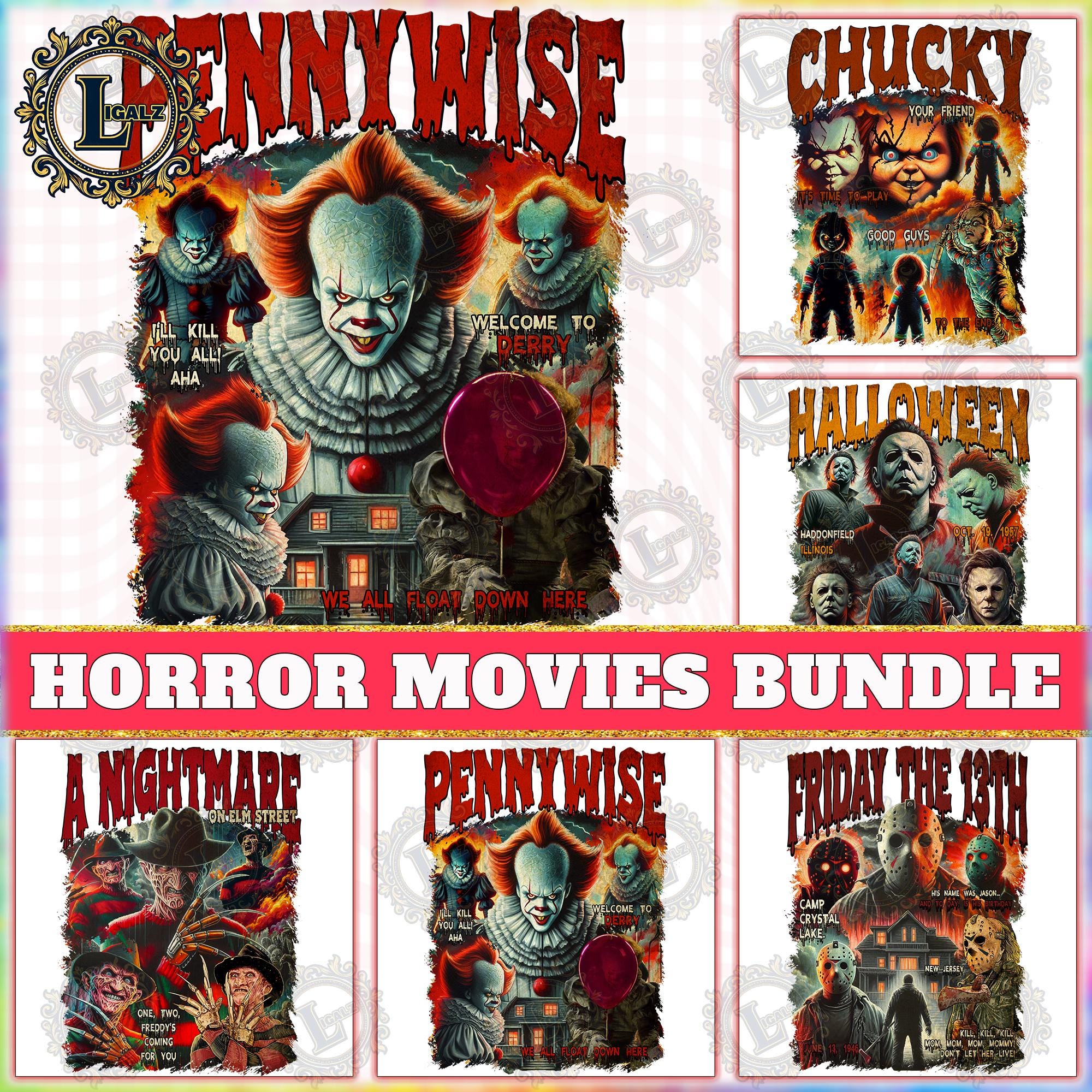 5 Designs Horror Characters PNG Bundle, Horror Movies Bundle Png, Horror Quotes Png, Horror Halloween Clipart, Killer Design, Digital File
