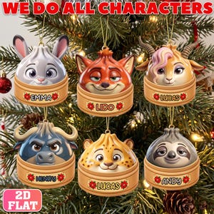 May include: Six hanging Christmas ornaments shaped like animal heads in bamboo steamer baskets. The characters include a rabbit, fox, goat, buffalo, leopard, and sloth. Each basket features a name tag: Emma, Lido, Lucas, Henry, Lucas, and Andy.