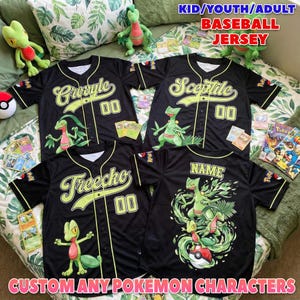 May include: Four black button-down baseball jerseys featuring lime green text and graphics of Pokemon characters Grovyle, Sceptile, and Treecko. Each jersey displays a character name, the number 00, and a small logo on the sleeve. Text reads KID/YOUTH/ADULT BASEBALL JERSEY and CUSTOM ANY POKEMON CHARACTERS.
