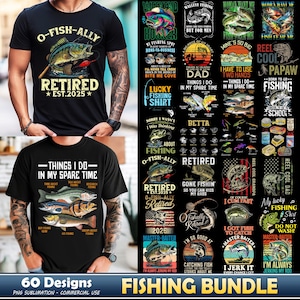 May include: A set of 60 fishing-themed designs for sublimation printing. The designs feature various fishing-related phrases, images of fish, and other related imagery. The designs are perfect for creating t-shirts, mugs, hats, and other personalized items.