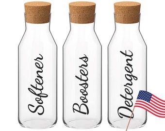 Glass Laundry Storage Containers With Vinyl Decal | Softener Detergent Boosters | Home Organisation Cork Lid Jars 1L | USA only