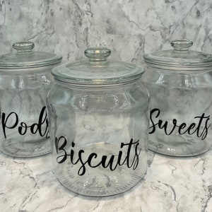 Personalised Extra Large Glass Storage Containers With Vinyl Font A | Laundry Kitchen Mrs Hinch Home Organisation Round Lid Jars 1.9L