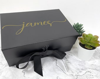 Personalised Gift Boxes With Ribbon and Magnetic Lid Vinyl | Special Occasions Luxury Customised Hamper Any Name Bag Keepsake Present Memory